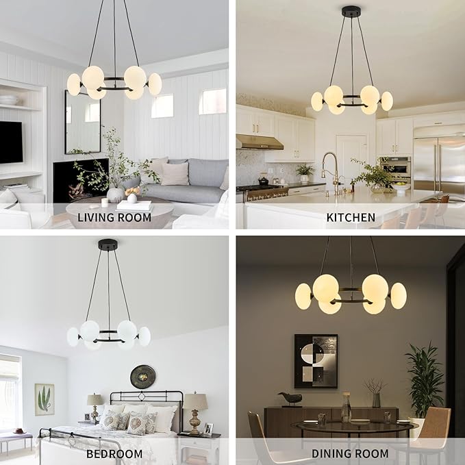 Black Wagon Wheel Chandelier, 6-Light Globe Chandelier, Mid Century Dining Room Light Fixture with Milk Glass Shades