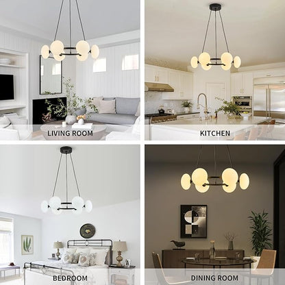 Black Wagon Wheel Chandelier, 6-Light Globe Chandelier, Mid Century Dining Room Light Fixture with Milk Glass Shades