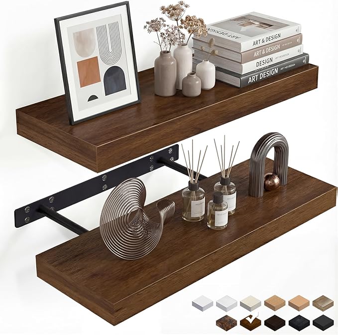 INHABIT UNION Walnut Floating Shelves for Wall, 24 in Wall Mounted Shelves Perfect for Bedroom, Bathroom, Living Room and Kitchen Decoration Storage（Set of 2）