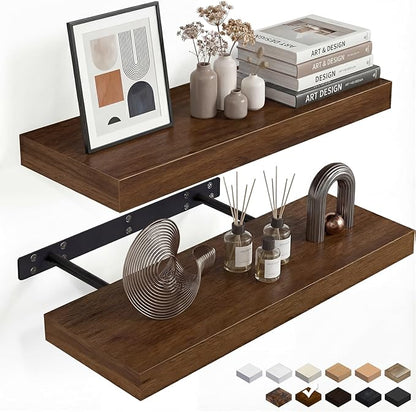 INHABIT UNION Walnut Floating Shelves for Wall, 24 in Wall Mounted Shelves Perfect for Bedroom, Bathroom, Living Room and Kitchen Decoration Storage（Set of 2）