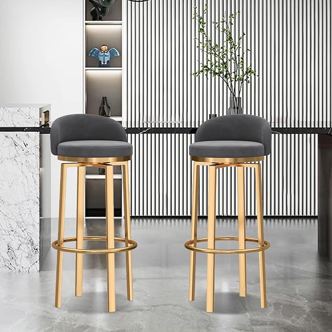 Swivel Stools Gold Metal Leg Height stools with Back High Dining Chairs for Home Kitchen Island-Grey 2 Pcs-25.6in Sitting (Grey 1 Pcs)