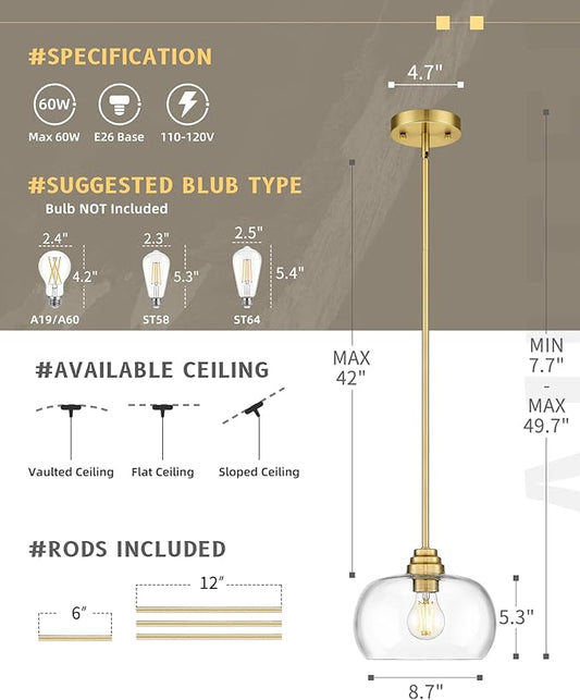 AUTELO 2 Pack Gold Pendant Lights, Glass Pendant Lights Kitchen Island with Clear Drum Glass, Industrial Pendant Ceiling Lights with Adjustable Rods for Kitchen Dining Room Bar, H9385 BG-R-2PK