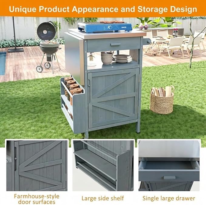 Casaphoria 40.5" Outdoor BBQ Grill Cart, Stainless Steel Top Rolling Outdoor Kitchen Cart Flip Board, Fir Wood Bar Carts with Towel Holder, Lockable Wheels for Patio Lawn Garden,Blue