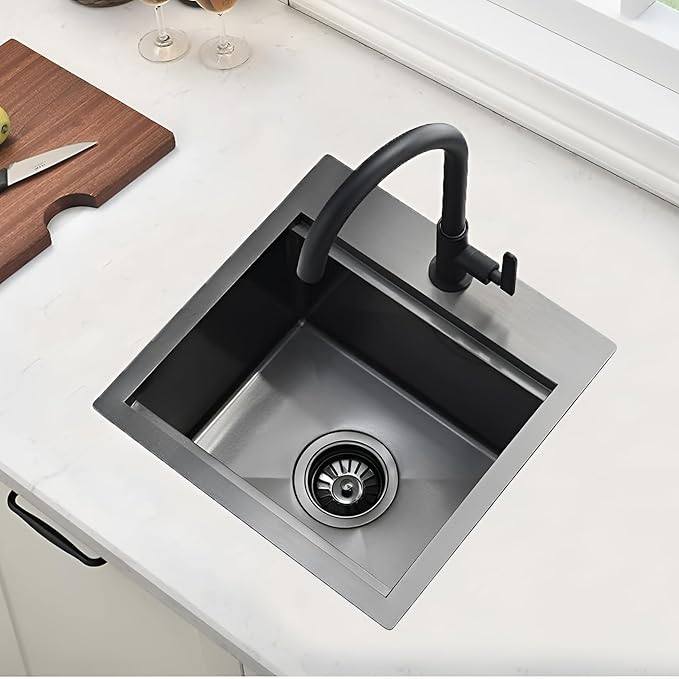 Friho Drop in Black Bar Sink, 15 x 15 Inch Stainless Steel Single Bowl Topmount Kitchen Sink, Handmade Bar Prep Sink,Outdoor Rv Single Bowl Kitchen Bar Sink with Cutting Board