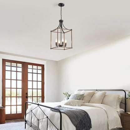 XINGQI Modern Farmhouse Chandeliers for Dining Room,4 Light Geometric Lantern Black Wood Grain Finish Cage Pendant Lighting Fixture 11.8" for Staircase Foyer Kitchen Entryway