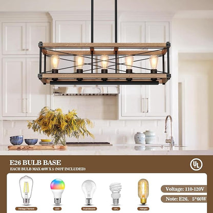 Farmhouse Kitchen Island Lighting, 5-Light Solid Wood 31.5” Dining Room Pendant Light Fixtures, Rustic Chandelier with Adjustable Height for Dining Room Kitchen Bar Pool Table (Natural Wood)