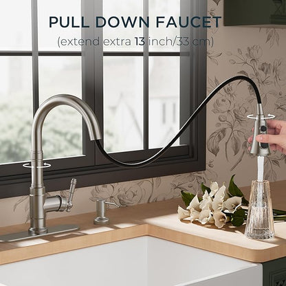 FORIOUS Vintage Kitchen Faucet with Soap Dispenser and Pull Down Sprayer, Brushed Nickel High Arc Single Handle Stainless Steel Classic Sink Faucet for Farmhouse Camper Rv Bar, Fit for 1 or 3 Hole
