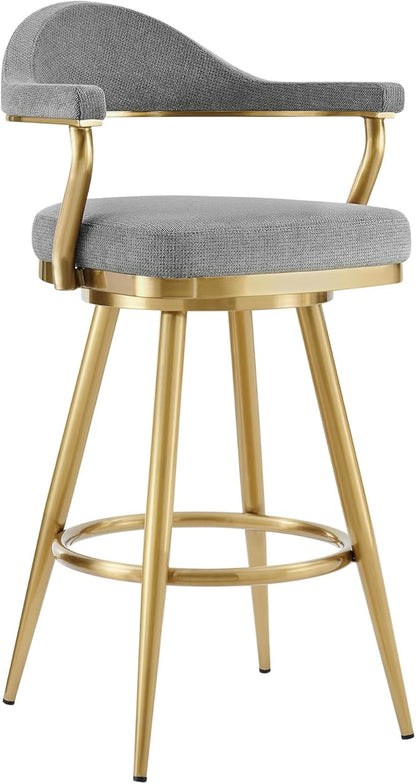 Armen Living Justin Modern Farmhouse 30" Seat Height Swivel Bar Stool with Anchor Gray Fabric and Gold Brushed Stainless Steel Legs for Kitchen Island Counter