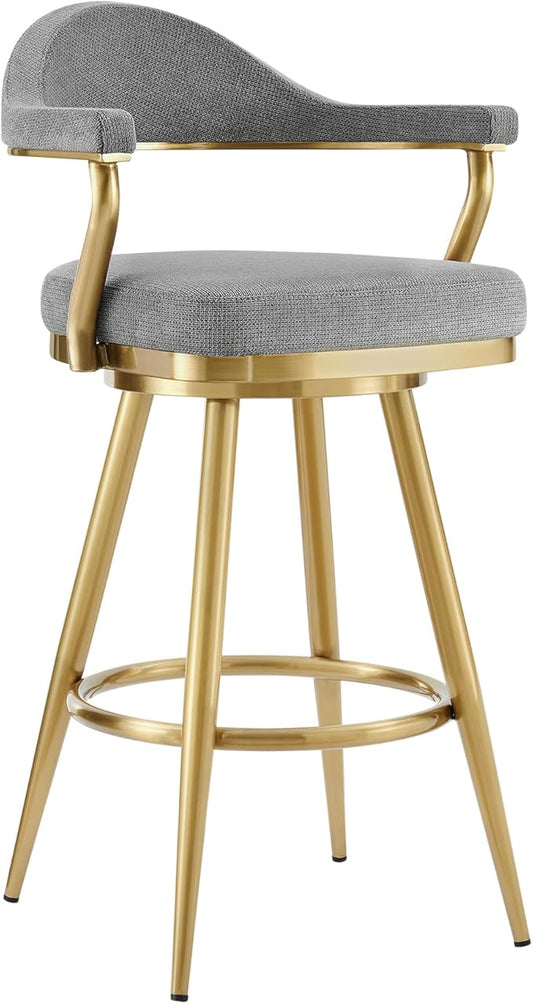 Armen Living Justin Modern Farmhouse 30" Seat Height Swivel Bar Stool with Anchor Gray Fabric and Gold Brushed Stainless Steel Legs for Kitchen Island Counter