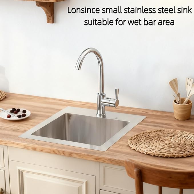 Drop In Bar Sink 15 X 15 inch,16 Gauge Stainless Steel Bar Sink,Outdoor Small RV Sinks,Top Mount Prep Sink for Wet Bar Area (15" X 15")