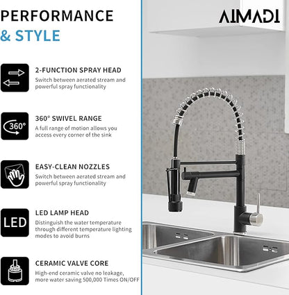 Kitchen Faucet Black AIMADI Black and Brushed Nickel Kitchen Faucet with Pull Down Sprayer,Single Handle Faucet for Kitchen Sink with LED Light