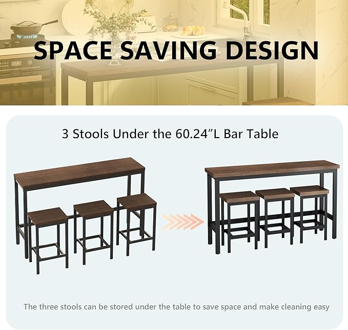 Merax Modern Design 4-Piece Counter Height Extra Long Dining Table Set with 3 Stools and Side Table with Footrest,Space-Saving Pub Kitchen Set,Easy Assembly,Dark Brown