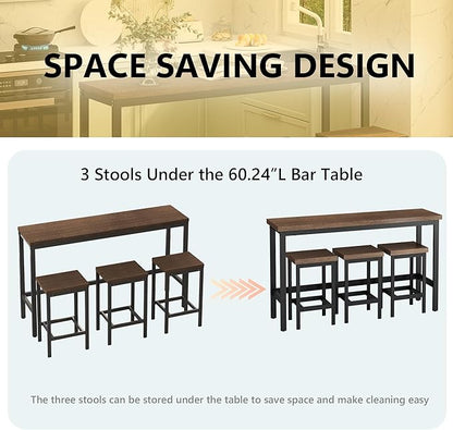 Merax Modern Design 4-Piece Counter Height Extra Long Dining Table Set with 3 Stools and Side Table with Footrest,Space-Saving Pub Kitchen Set,Easy Assembly,Dark Brown