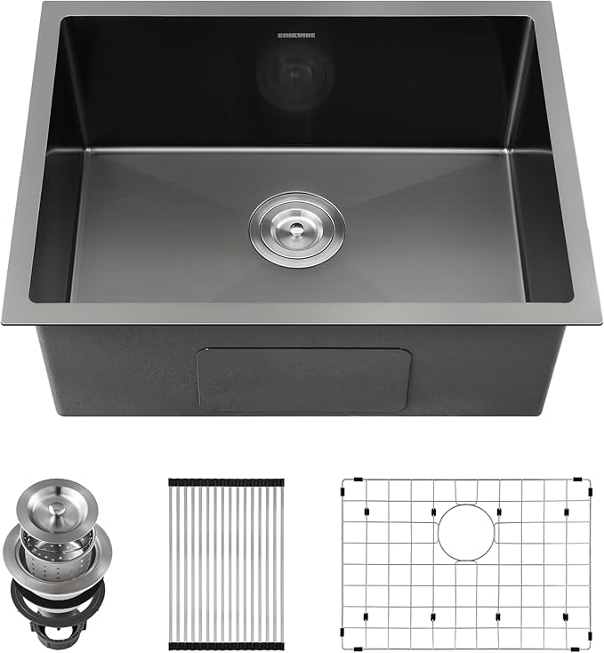 Black Kitchen Sink Undermount 22 x 18 inch, SINKVINE PVD Nano Stainless Steel Bar Sink for Outdoor RV Laundry, Single Bowl with 3.5" Drain Strainer, Bottom Rise Grid, Roll-up Drying Unit, Dark-Grey
