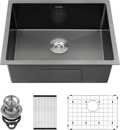 Black Kitchen Sink Undermount 22 x 18 inch, SINKVINE PVD Nano Stainless Steel Bar Sink for Outdoor RV Laundry, Single Bowl with 3.5" Drain Strainer, Bottom Rise Grid, Roll-up Drying Unit, Dark-Grey