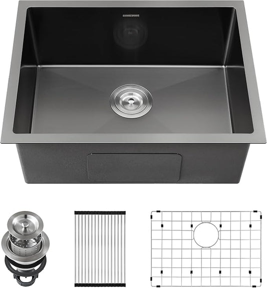 Black Kitchen Sink Undermount 22 x 18 inch, SINKVINE PVD Nano Stainless Steel Bar Sink for Outdoor RV Laundry, Single Bowl with 3.5" Drain Strainer, Bottom Rise Grid, Roll-up Drying Unit, Dark-Grey