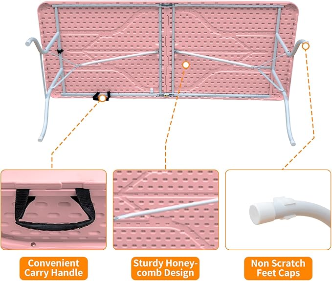 6 FT Folding Table with Carry Handle, Portable Fold-in-Half Plastic Table, Rectangle Foldable Table for Indoor/Outdoor Beautiful Pink