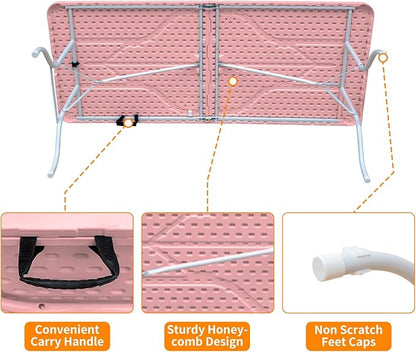 6 FT Folding Table with Carry Handle, Portable Fold-in-Half Plastic Table, Rectangle Foldable Table for Indoor/Outdoor Beautiful Pink