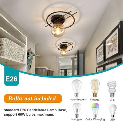Matte black & gold finish Semi Flush Mount Ceiling Light Fixture Mid Century Modern Chandelier with Glass Globe Small Indoor Lighting for Kitchen Hallway Bathroom Bedroom Closet Farmhouse Proch.