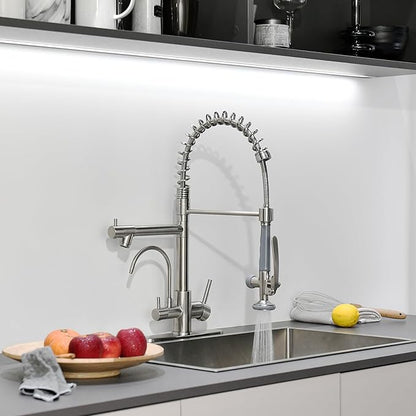 Fapully 3 in 1 Kitchen Faucet with Water Filler and Pull Down Sprayer,Brushed Nickel Commercial Kitchen Sink Faucet with Drinking Water Faucet
