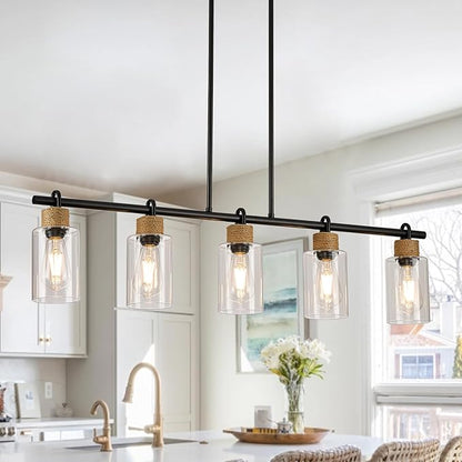 5-Light Linear Chandeliers, Black Kitchen Pendant Lighting Over Island, Farmhouse Dining Room Light fixtures with Jute Rope & Clear Glass Shades(Black 5 Light)