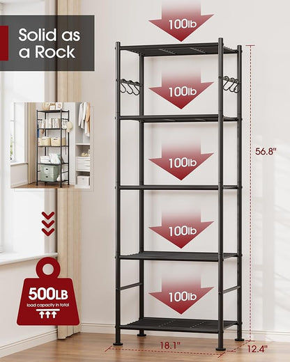 Sakugi Storage Shelves - 5-Tier Large Capacity Shelf Organizer with Hooks, Heavy-Duty Garage Shelving with Leveling Feet, Wobble-Free Rack for Bedroom, Balcony, Garage, 18.1"×12.4"×56.8", Black