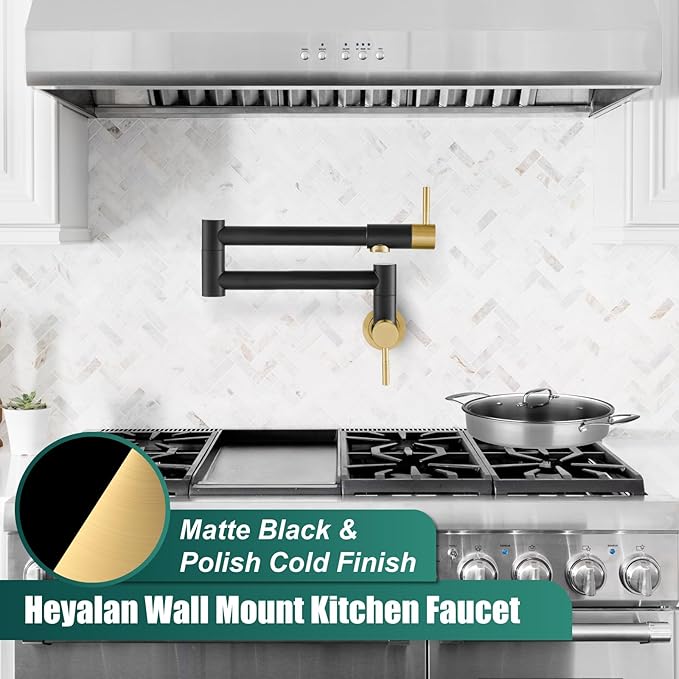 Heyalan Pot Filler 19 Inch Wall Mount Folding Stretchable Kitchen Restaurant Faucet Stainless Steel Pot Filler Double Joint Swing Arm Two Handles Commercial NPT,Straight Handle,Black and Brushed Gold