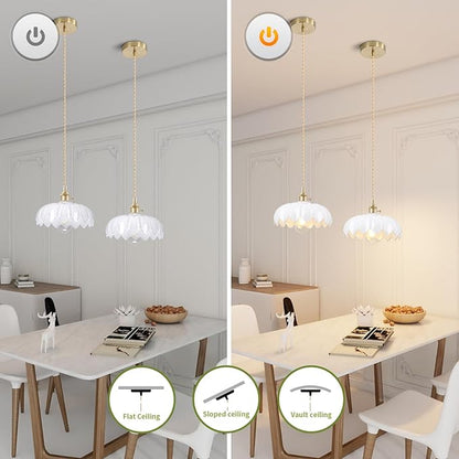 Mid Century Modern Pendant Light Nordic White Chandelier with Hand Blown Flower Glass Shade Brass Adjustable Height Dining Table Pendant Lamp with Switch for Kitchen Island Dining Room Hotel