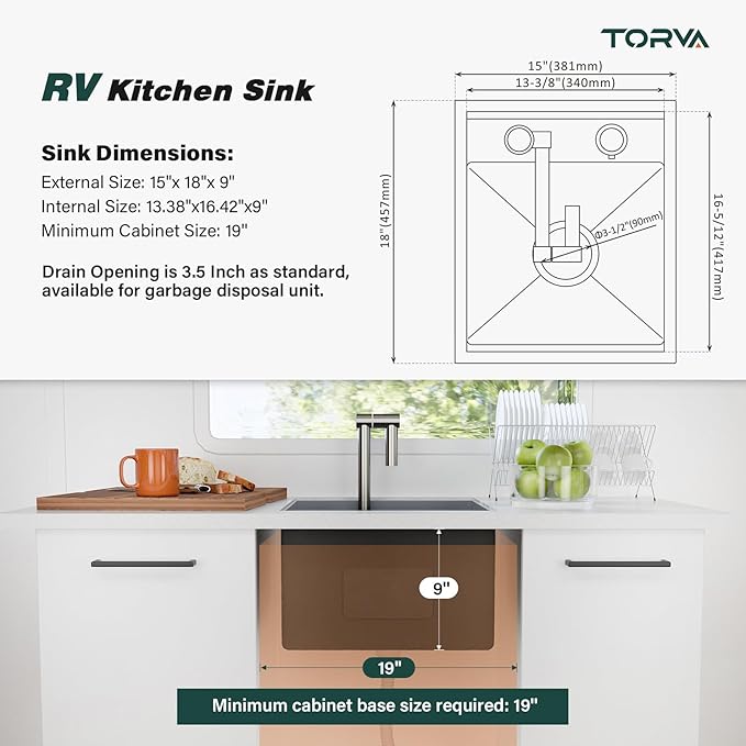 TORVA RV Kitchen Sink, 15 x 18 x 9 Inch Undermount Bar Sink 16 Gauge Stainless Steel Single Bowl Sink with Foldable Faucet Cutting Board, Grey