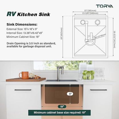 TORVA RV Kitchen Sink, 15 x 18 x 9 Inch Undermount Bar Sink 16 Gauge Stainless Steel Single Bowl Sink with Foldable Faucet Cutting Board, Grey
