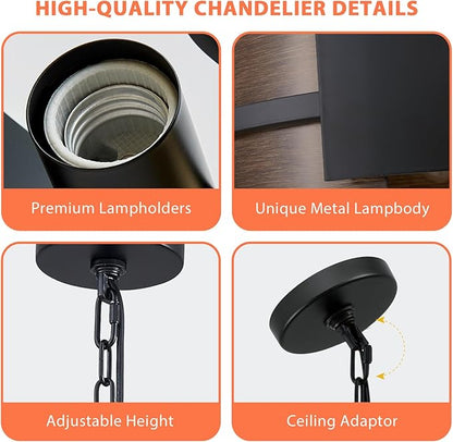 Modern Farmhouse Chandelier 19.7" Industrial Drum Pendant Lighting Fixture Large 4-Light Black Walnut Grain Finish for Dining Room Kitchen Island Office Living Room
