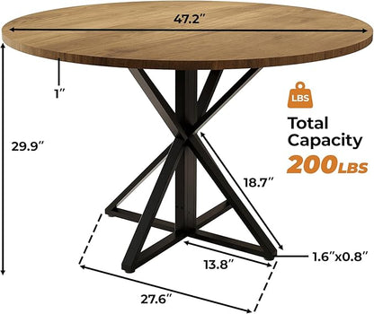 GarveeHome 47 Inch Round Dining Table for 4, Circle Kitchen Table with Pedestal Base, Farmhouse Wooden Dining Table for Small Spaces, Kitchen & Dining Room, Living Room（Brown/Only Table）