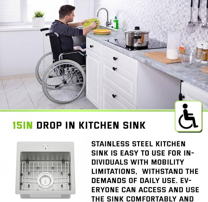15x15 Inch Stainless Steel Small Kitchen Sink-5.5 Inch Low Height Design Single Bowl Drop In Topmount Small Kitchen And Bar Sink Ensure Individuals With Limited Mobility Easily Accessing And Using