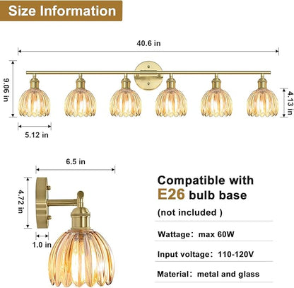 Vintage Bathroom Light Fixtures,6-Light Hardwired Vanity Lights with Amber Tulip Glass Shade,Gold Bathroom Vanity Light for Mirror Restroom,E26 Socket,40.55 in(Bulbs Not Included)