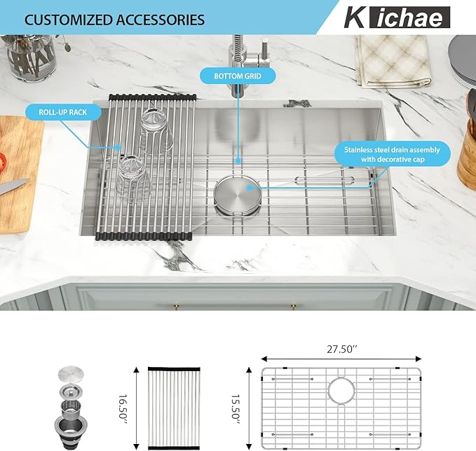 Kichae 30 Inch Undermount Kitchen Sink Single Bowl 16 Gauge Stainless Steel Under Counter Round Corner Handmade Kitchen Sink Single Basin,30x18x9 Inch