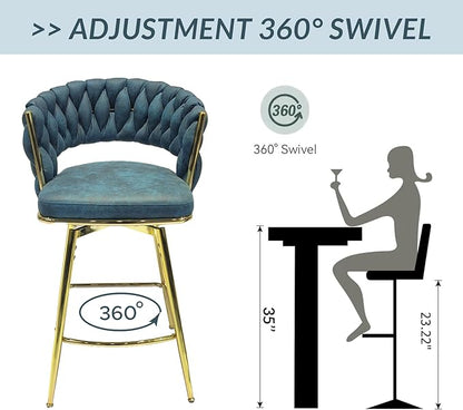 LUMISOL Bar Stool Set of 2, Golden Legs Bar Stools No Adjustable Kitchen Island Chairs Upholstered Bar Chair Counter Stool Arm Chairs with Back Footrest, Blue