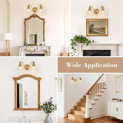 Gold Bathroom Light Fixtures Over Mirror, 2 Light Vintage Bathroom Vanity Light Fixture with Clear Flower Glass Shades, Retro Brass Vanity Lights for Bathroom, Bathroom Vanity Lights Over Mirror