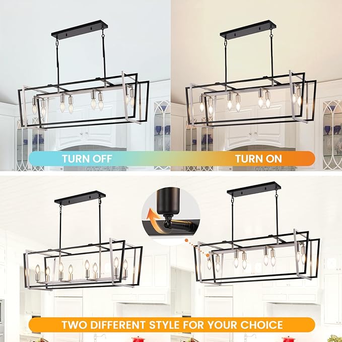 WJShome Dining Room Light Fixture/Chandelier Over Table, 8-Light Kitchen Island Lighting, 36" Hanging for Farmhouse Linear Chandeliers Modern Black and Brushed Nickel Ceiling Pendant Light Fixtures