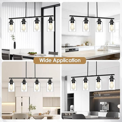 Dining Room Light Fixture, 4-Light Industrial Black Chandeliers for Dining Room, Height-Adjustable Dining Room Light Fixtures Over Table, Dining Room Chandelier Clear Glass Shade for Kitchen Island