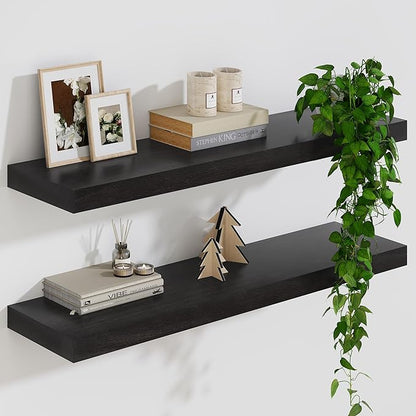 Solid Wood Floating Shelves For Wall, 24”W x 9”D x 1.56”H Large Wall Shelves for Living Room Bedroom Bathroom Kitchen Drcor Storage with Invisible Heavy-Duty Metal Bracket, Carbonized Oak, 2 Pack