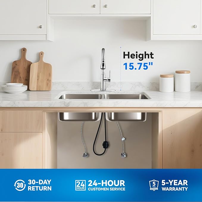 Kitchen Faucet with Pull Down Sprayer, Chrome Faucet for Kitchen Sink Stainless Steel Kitchen Faucets, Single Handle 1 or 3 Hole Faucet with Escutcheon for RV, Outdoor, Laundry & Bathroom Sink