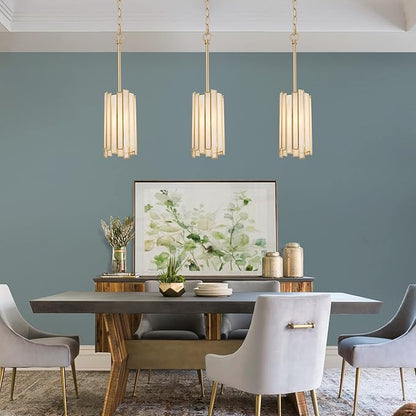 Durent Lighting Gold Pendant Lighting, Modern Cylinder Hanging Light Fixture with White Glass Shade for Kitchen Island, Entryway, Foyer, Dining Room and Bedroom