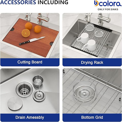Dcolora Drop In Kitchen Sink 20x18x9 Inches, Workstation with Accessories,Brushed 304 Stainless Steel, Heavy Duty 16 Gauce, Medium Single Bowl Perfect for Small Kitchen #DC-TW258002