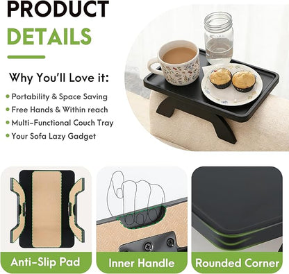 SINWANT Couch Arm Table,Bamboo Couch Arm Tray for Armrest,13.78" Sofa Clip on Tray Table for Home Living Room Snack & Drink Remote
