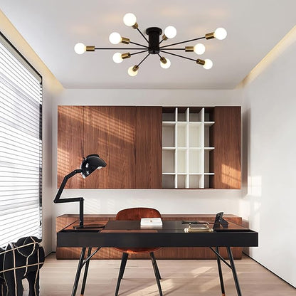 Garwarm Modern Sputnik Ceiling Light, 10-Light Mid Century Sputnik Chandelier Industrial Semi Flush Mount Ceiling Light Fixture for Living Room Kitchen Bedroom Farmhouse Dining Room(Black+Gold)