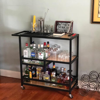 MBQQ Bar and Serving Cart Industrial & Modern Rustic Rolling Bar and Serving Cart,3-Tiered Wood & Metal Kitchen Bar Cart Island with Wheels,Move Storage Coffee/Wine Island Shelf,Black