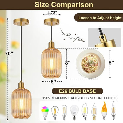 2 Pack Amber Cylinder Pendant Lights Kitchen Island with Ribbed Lampshade, Brushed Gold Hanging Light Fixture, Adjustable Pendant Lighting for Kitchen Island Sink Dining Room (Bulbs Not Included)