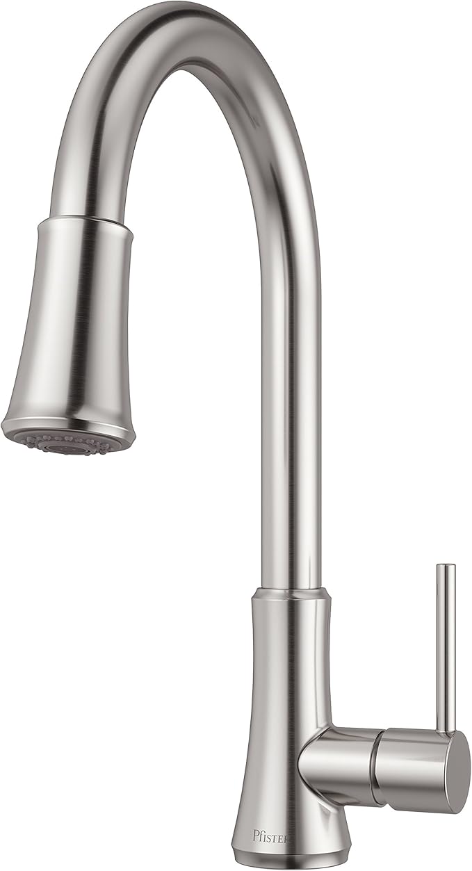 Pfister Pfirst Series Kitchen Faucet, Single Handle Pull-Down Sprayer High Arc Stainless Steel Finish 1 or 3 Hole Installation CALGreen Water Efficient Sink Faucet, G529PF2S