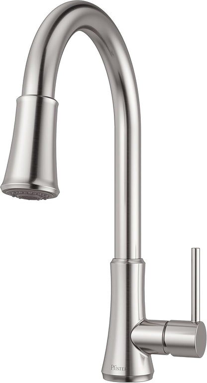 Pfister Pfirst Series Kitchen Faucet, Single Handle Pull-Down Sprayer High Arc Stainless Steel Finish 1 or 3 Hole Installation CALGreen Water Efficient Sink Faucet, G529PF2S