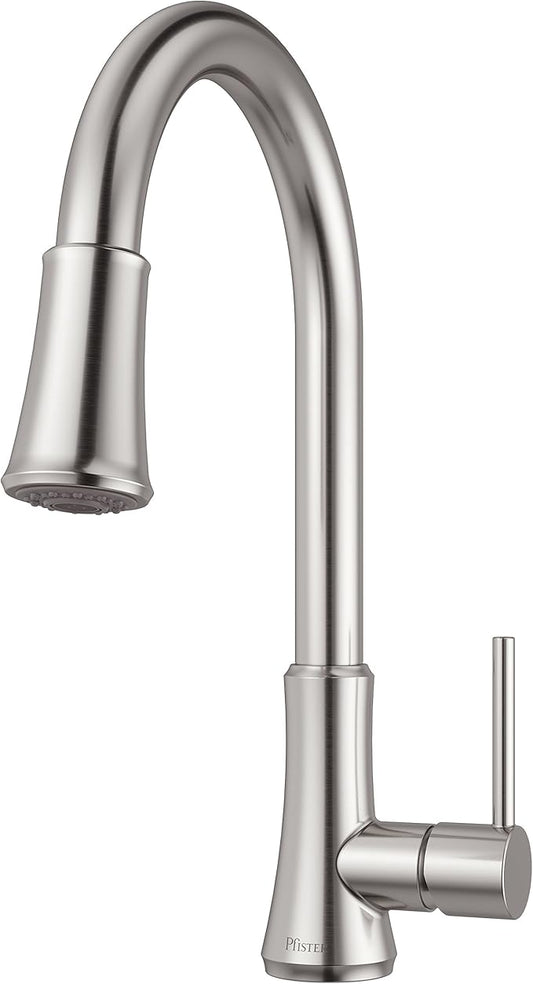 Pfister Pfirst Series Kitchen Faucet, Single Handle Pull-Down Sprayer High Arc Stainless Steel Finish 1 or 3 Hole Installation CALGreen Water Efficient Sink Faucet, G529PF2S